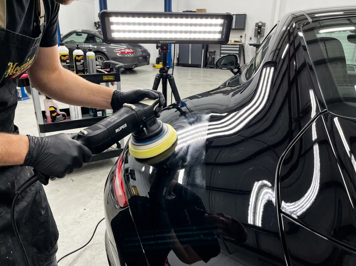 Machine paint correction removing swirls on a black car in Canberra